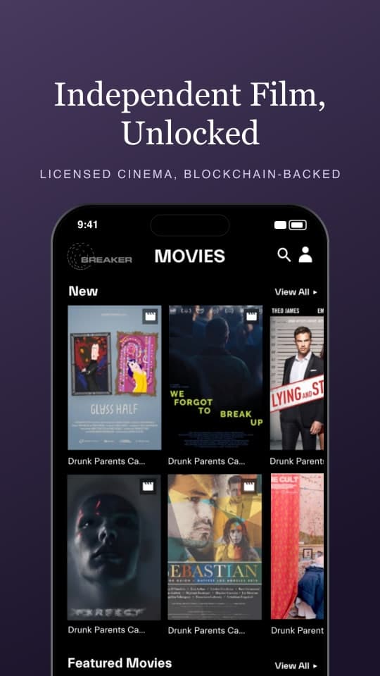 Breaker app on a phone showing the film catalogue, under the tagline "Independent Film, Unlocked"