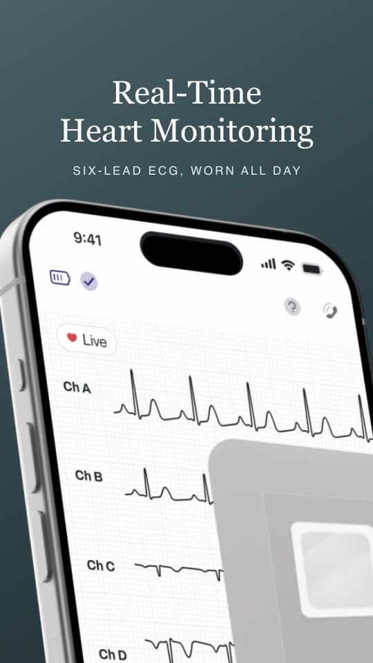 Wearlinq app on a phone showing a six-channel live ECG, under the tagline "Real-Time Heart Monitoring"